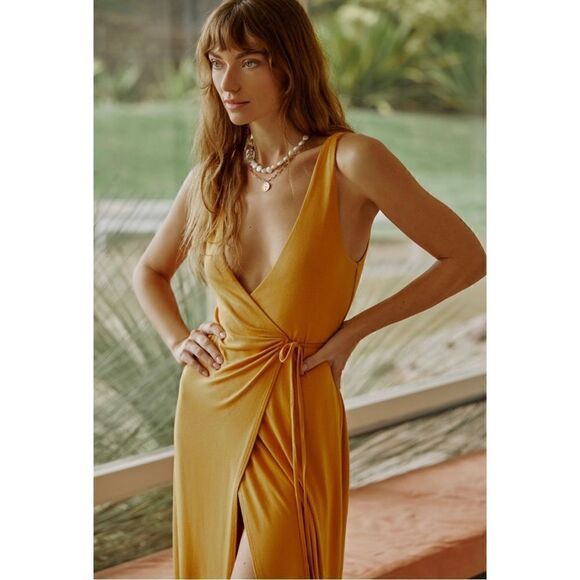 NEW By Anthropologie Soft Gold V-Neck Swim Beach Wrap Cover-Up Maxi Dress Medium - Picture 1 of 4